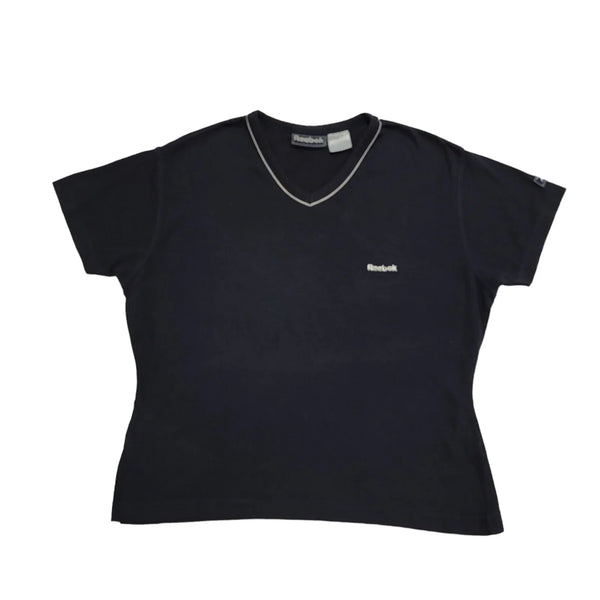 Reebok 90s Vintage Navy Blue V-Neck Cropped T-shirt Top Women's UK Size Medium