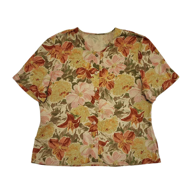 St Michael Vintage 90's Short Sleeve Button Up Floral Orange Blouse Womens UK 16
