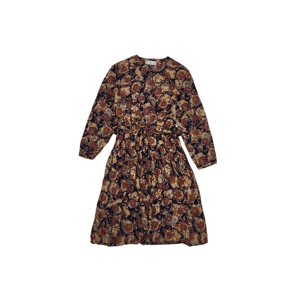 Marks & Spencer 90s Vintage Brown Floral Belted Daywear Dress Women's 14