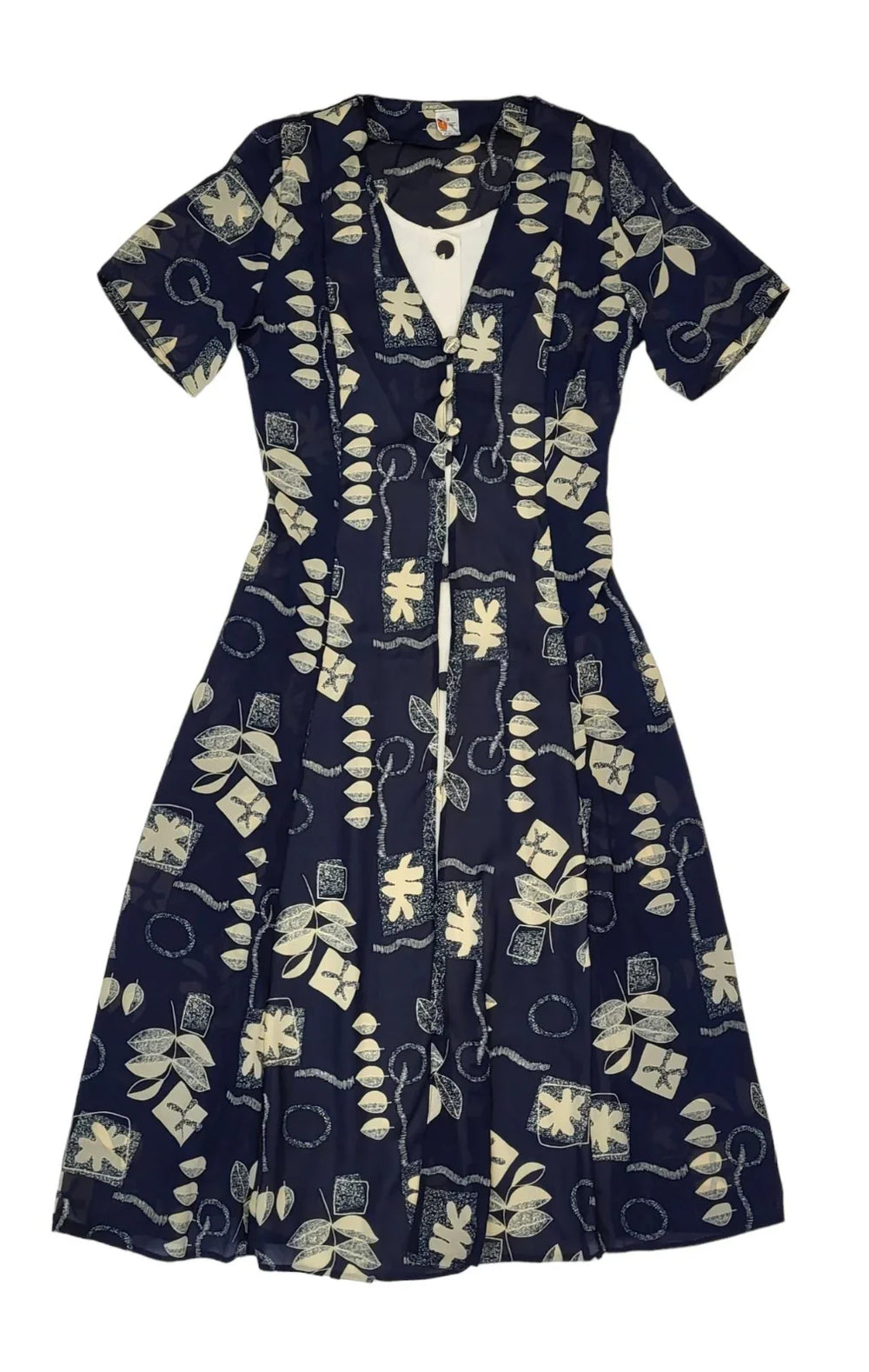 90s Vintage Blue Leaf Print Buttoned Daywear Midi Dress Women's Size S