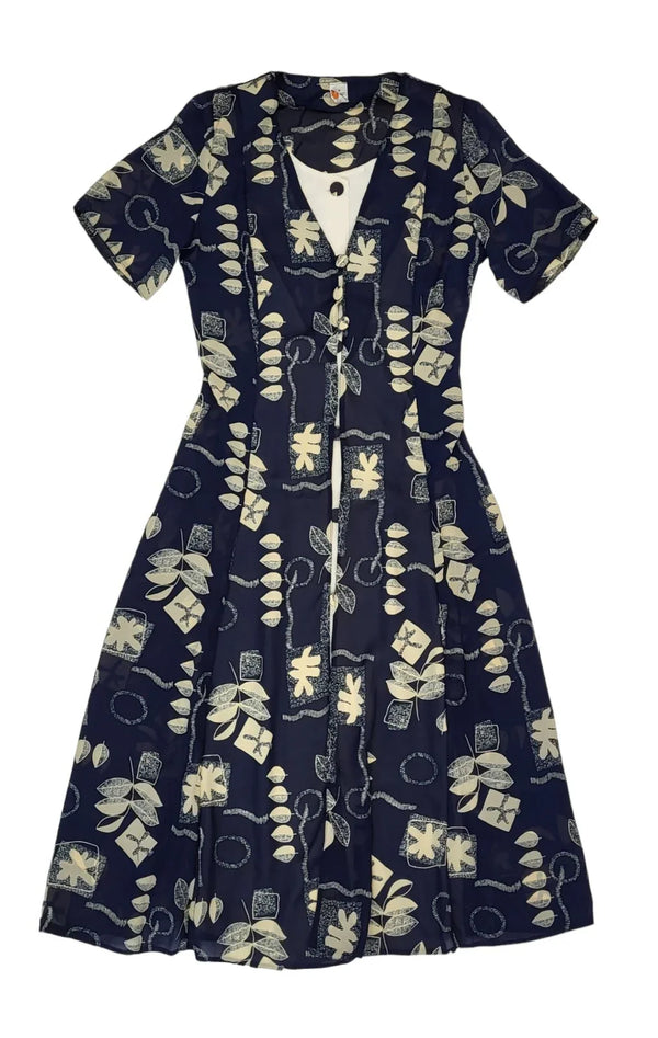 90s Vintage Blue Leaf Print Buttoned Daywear Midi Dress Women's Size S