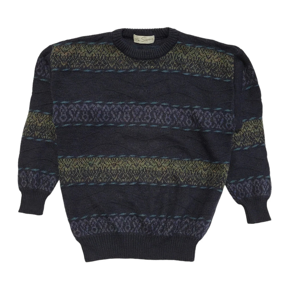 Tom Sayers Vintage 80s Black Blue Geometric Crew Neck Jumper Men's UK M