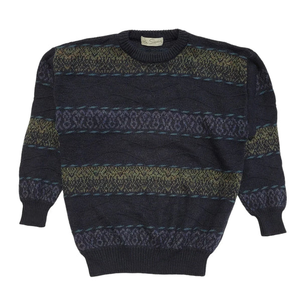 Tom Sayers Vintage 80s Black Blue Geometric Crew Neck Jumper Men's UK M