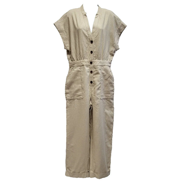 Zara Beige Linen Wide Leg Jumpsuit UK Women's L 12 W30 L27 Bnwt CC998