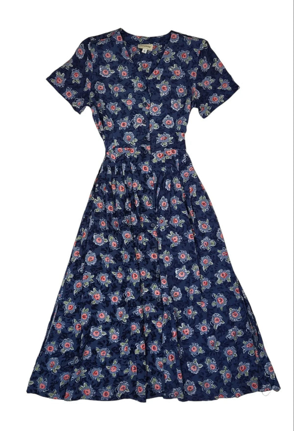 90s Vintage Maxime Blue Floral Buttoned Daywear Dress Women's Size S