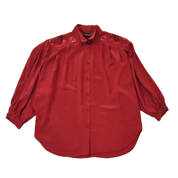 Jaques Vert 80s Vintage Red Sequin Long Sleeve Blouse Women's Size 14 EU 42