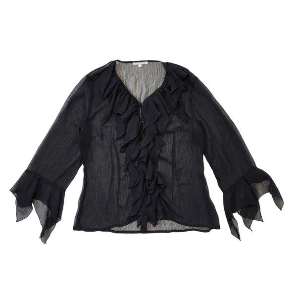 Jacqueline Rio Y2K Black Sheer Button Front Ruffle Blouse Women's Size 10