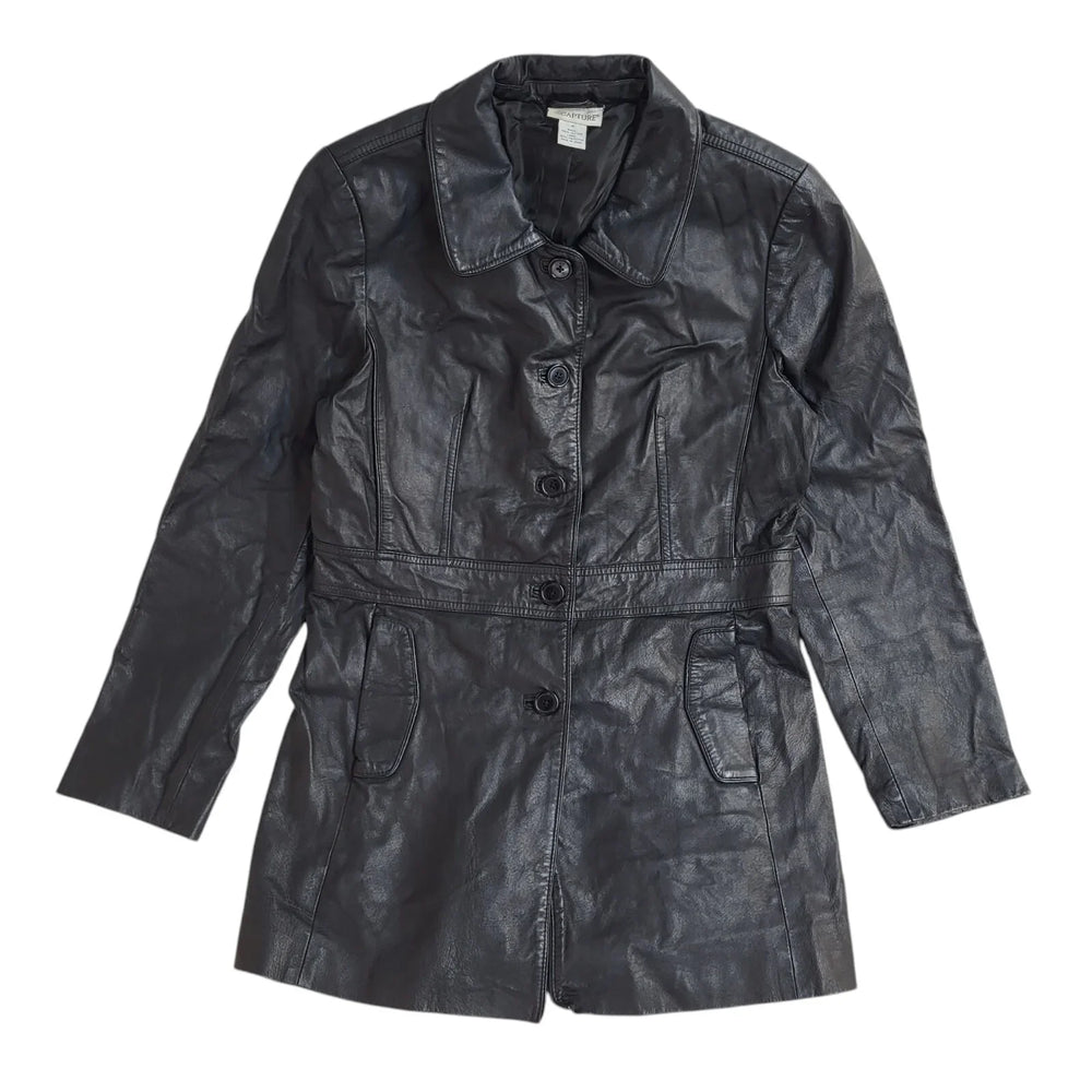 Capture Vintage 90s Button Black Leather Coat UK Women's Size 14