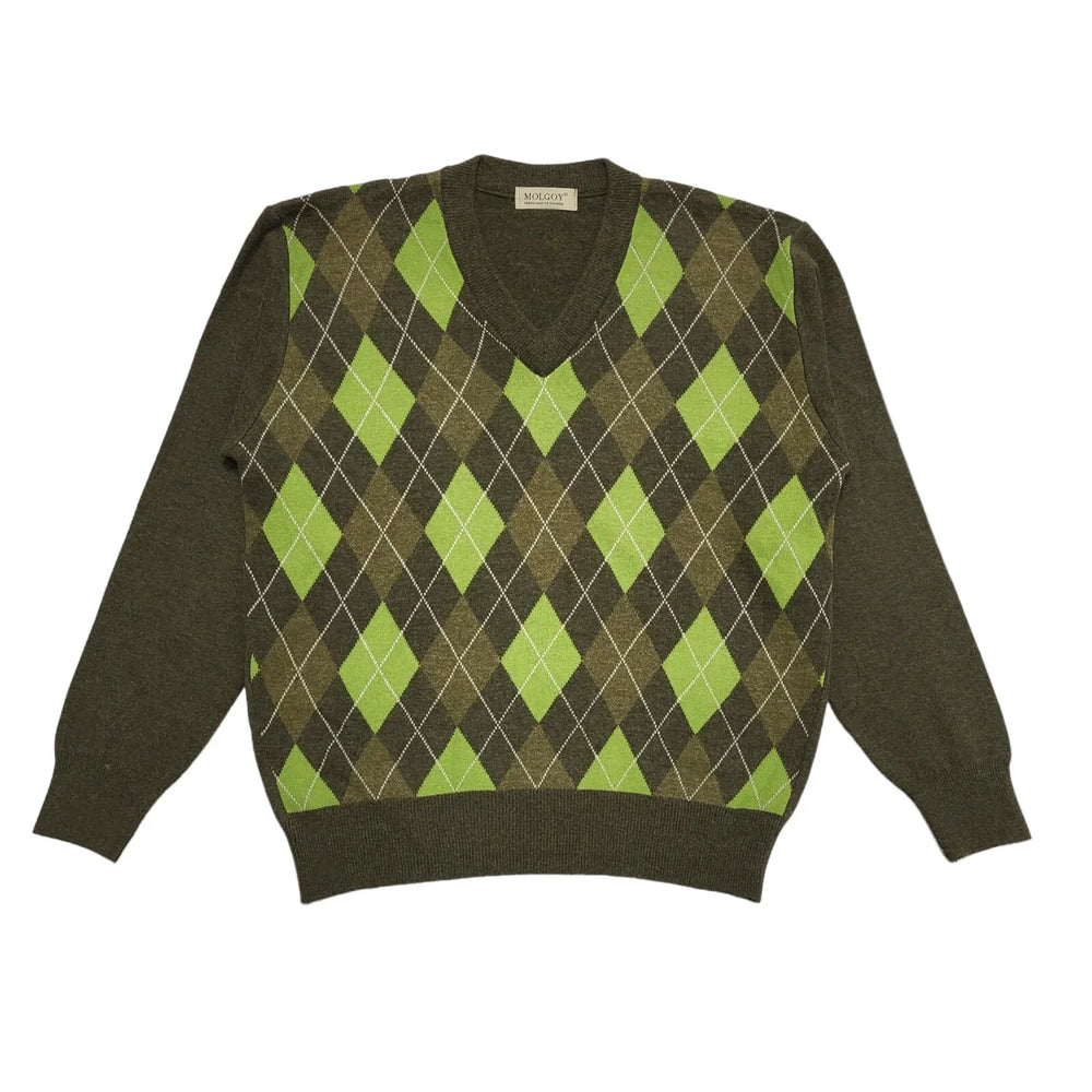 Molgoy Y2K Vintage Green Argyle Lambswool Blend V-Neck Jumper Men's Size XLarge