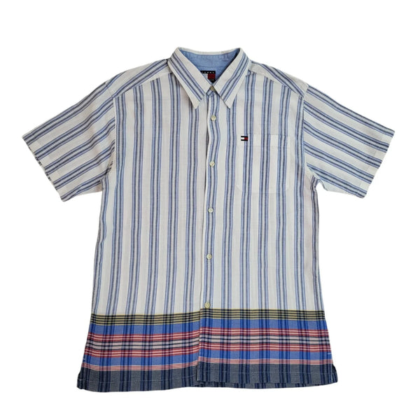 Tommy Hilfiger 90's White & Blue Striped Short Sleeve Shirt Uk Boy's Size L