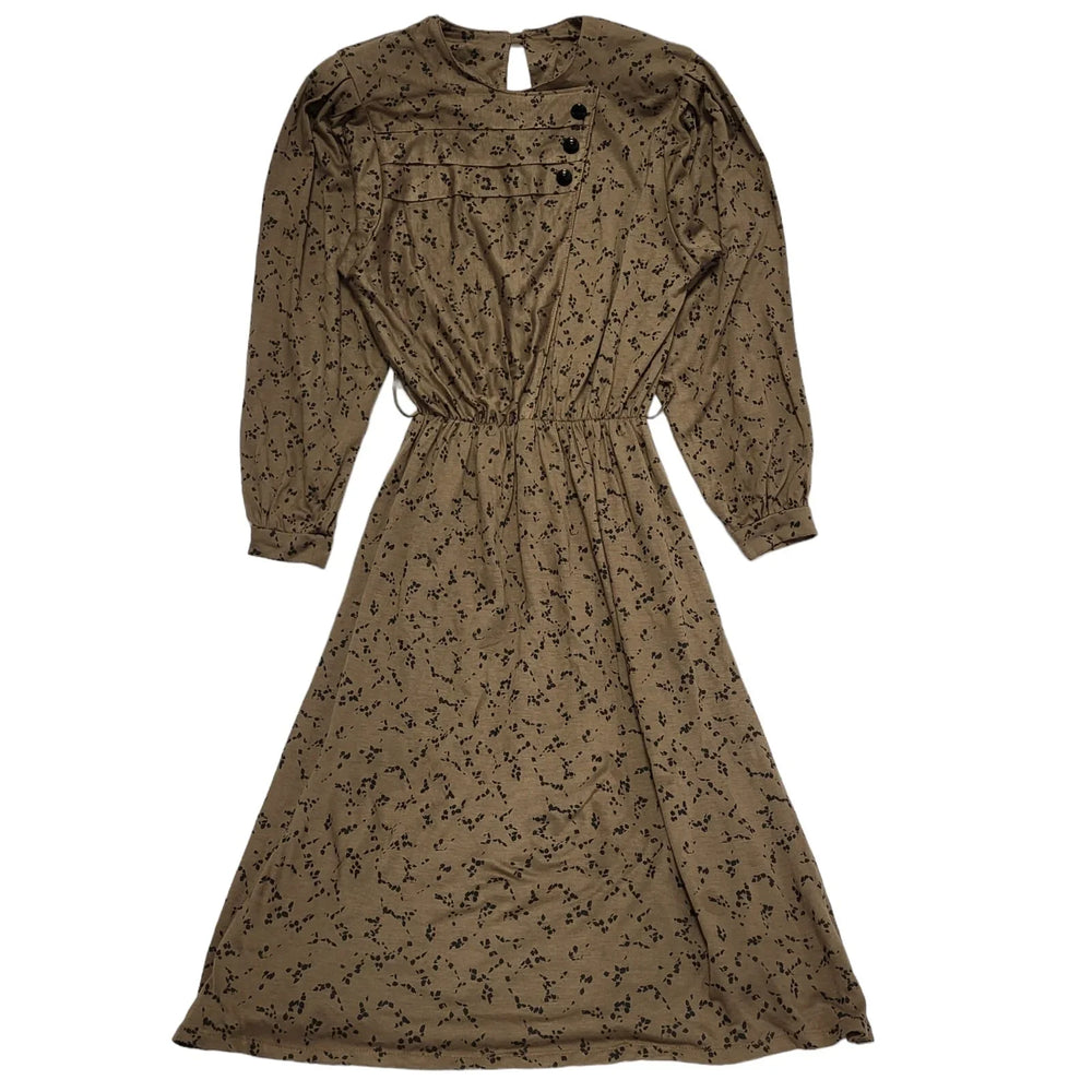 80s Vintage Brown Patterned Elasticated Waist Dress Women's 10
