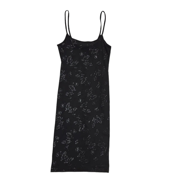 90s Vintage Black Glitter Floral Strap Bodycon Dress Women's Size 12