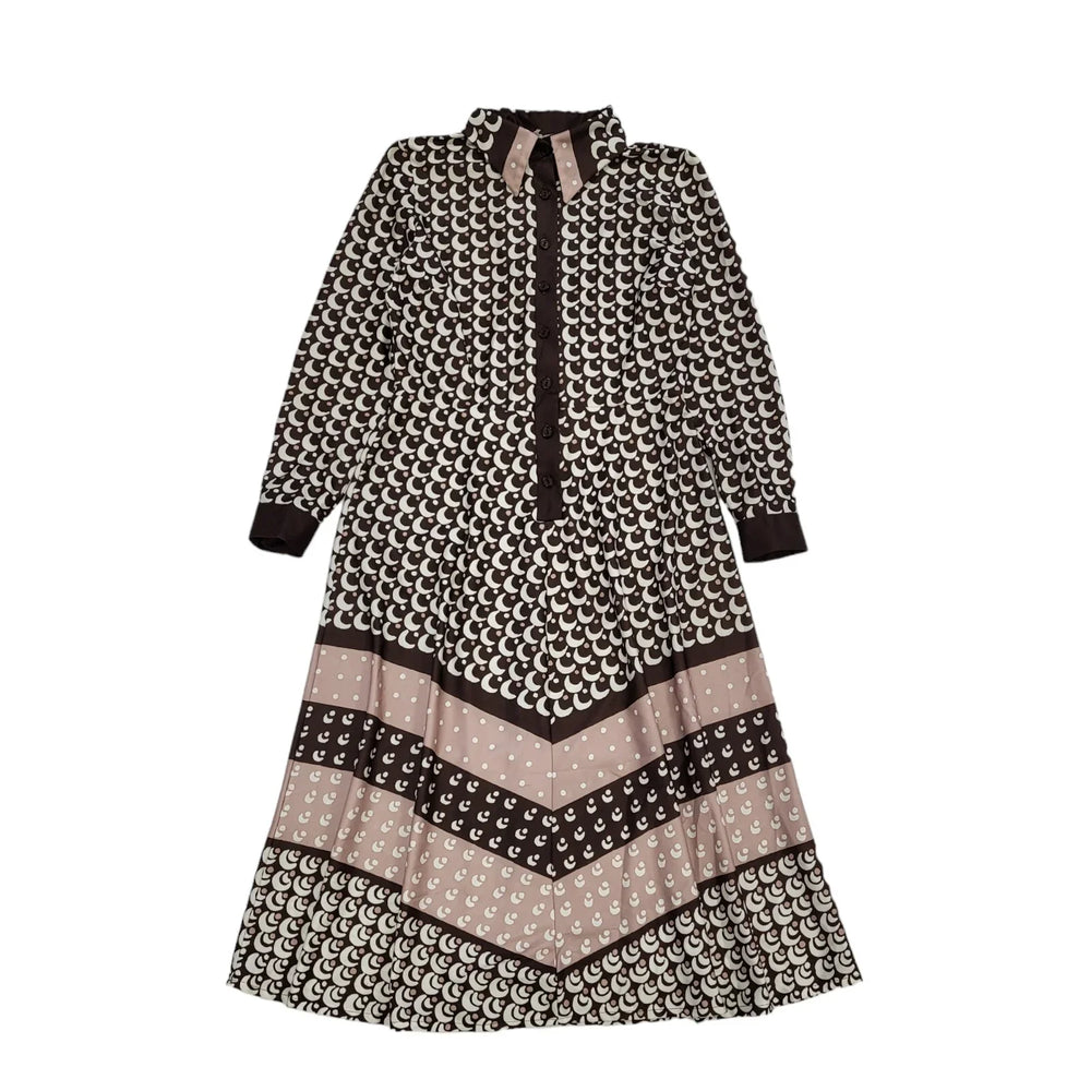 70s Vintage Brown & White Retro Patterned Dress Women's Size 10/12