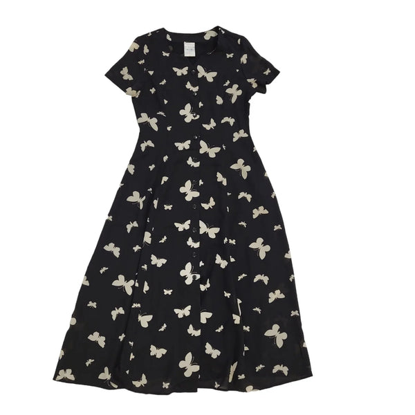 90s Vintage Alexon Black Butterflies Buttoned Daywear Dress Women's Size 12