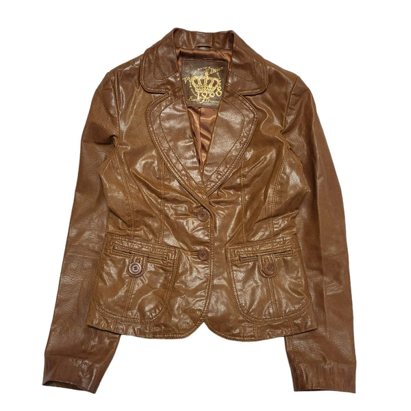 New Look Brown Button Leather Collared Jacket Uk Women's Size 10 CC644