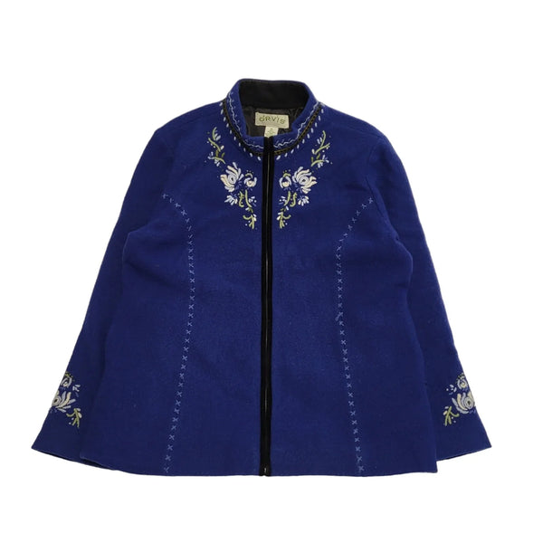 Vintage Orvis Blue Zipper Wool Embroidered Floral Coat Women's  uk XL H389