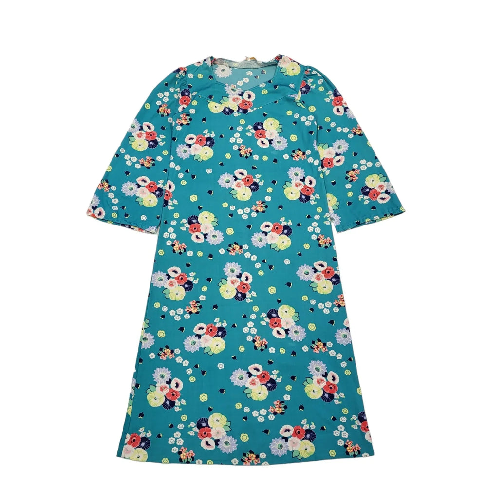 Rasurel 70s Teal Floral Midi Shift Dress Women's 14/16