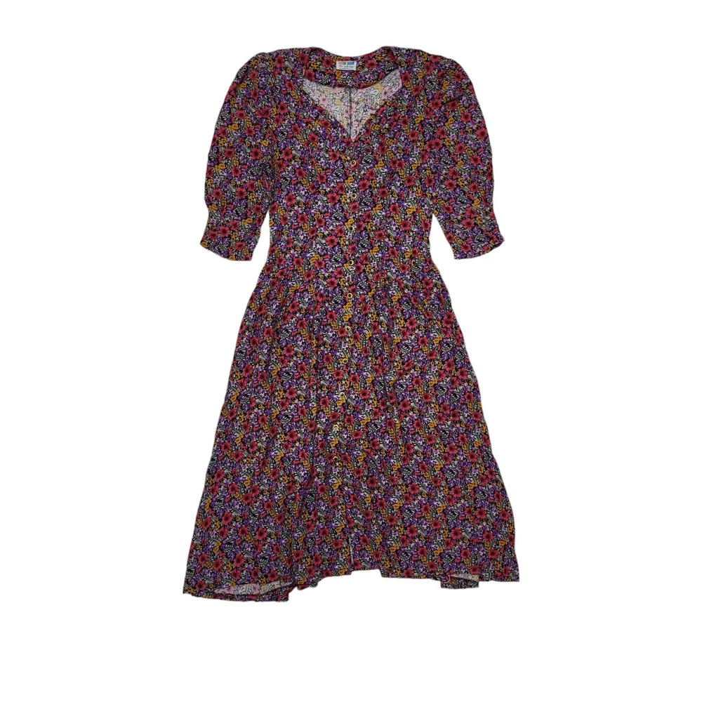 Miss Selfridge 80s Vintage Pink & Purple Floral Buttoned Dress Women's 10