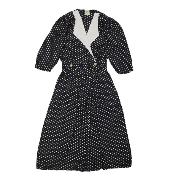 80s Vintage Black & White Polka Dot Collared Tea Dress Women's 14