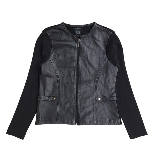 Escapade Black Round Neck Full Zip Leather Jacket 90s UK Women's Size M