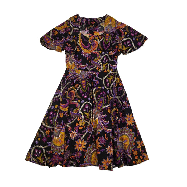 70s Vintage Black & Purple Short Flutter Sleeve Mini Dress Women's Size 10