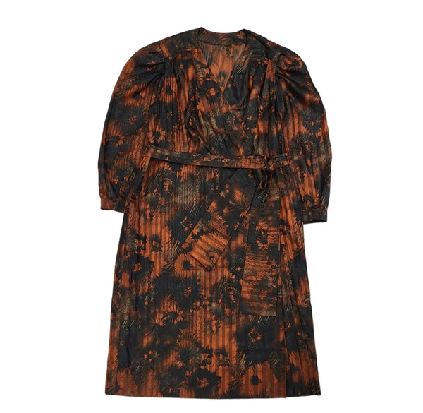 80s Vintage Copper Brown Floral Striped Belted Wrap  Dress Women's Size 16