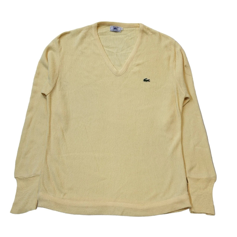 Izod Lacoste 80s Vintage Pale Yellow V-Neck Knitted Jumper Men's Size XL