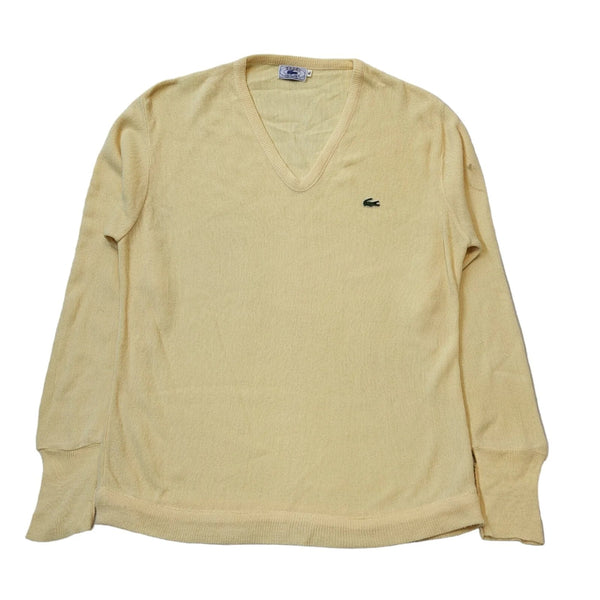 Izod Lacoste 80s Vintage Pale Yellow V-Neck Knitted Jumper Men's Size XL