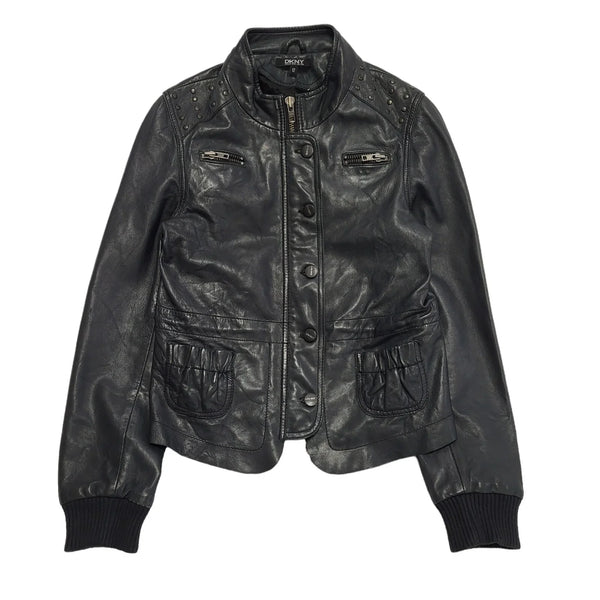 DKNY Black Y2K Vintage Zipped Leather Jacket Uk Girl's Age 12 Yrs