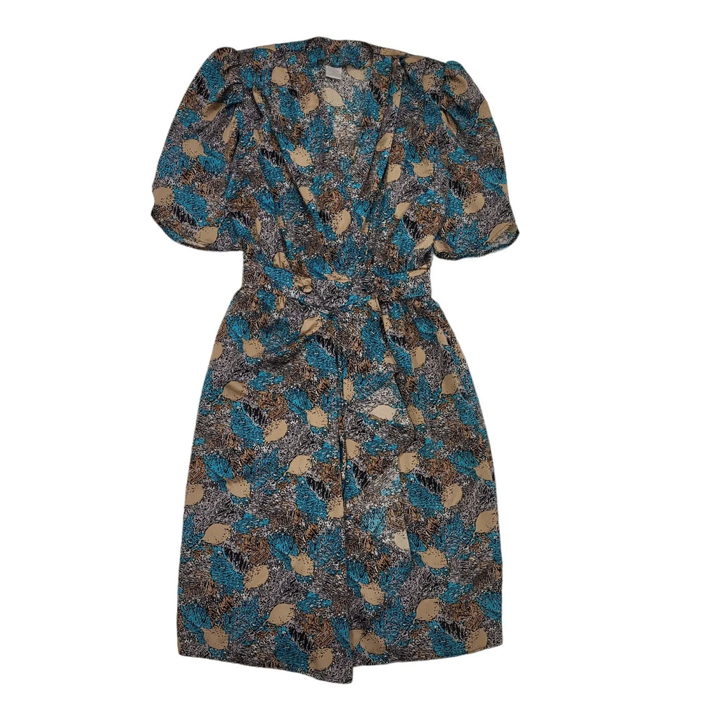 Paige 80s Vintage Abstract Tan & Teal Front Split  Wrap Dress Women's 12