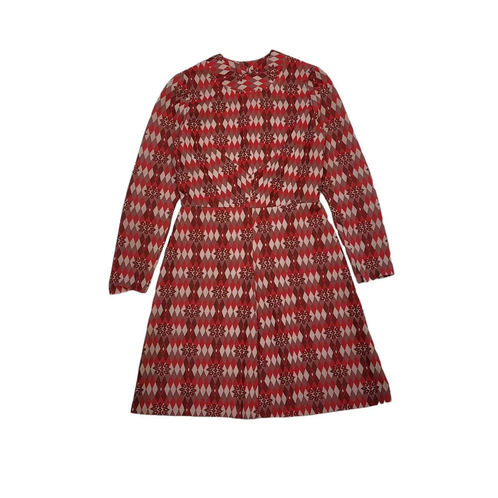 70s Vintage Red Geometric Long Sleeve Shift Dress Women's 12