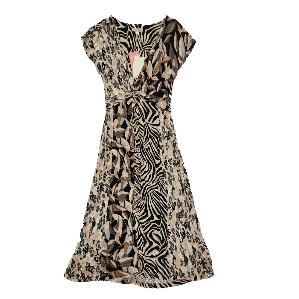 Monsoon Beige Black Animal Print Low V-Neck Maxi Dress Uk Women's  S 8 Bnwt L341