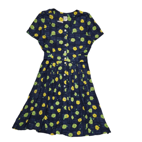 C&A Vintage 90s Blue Yellow Floral Fit & Flare Dress Uk Women's Size 12 W30