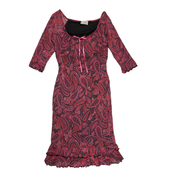 Look Y2k Vintage Pink Black Floral 3/4 Sleeve Dress Uk Women's Size 10