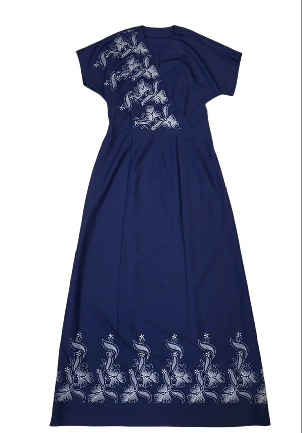 70s Vintage Blue Floral Stitch Wrap Maxi Dress Women's Size 12