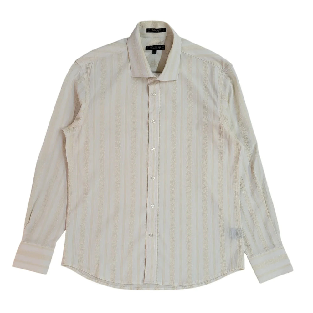 Point Zero Luxury White & Cream Striped 70s Long Sleeve Shirt UK Men's Size L