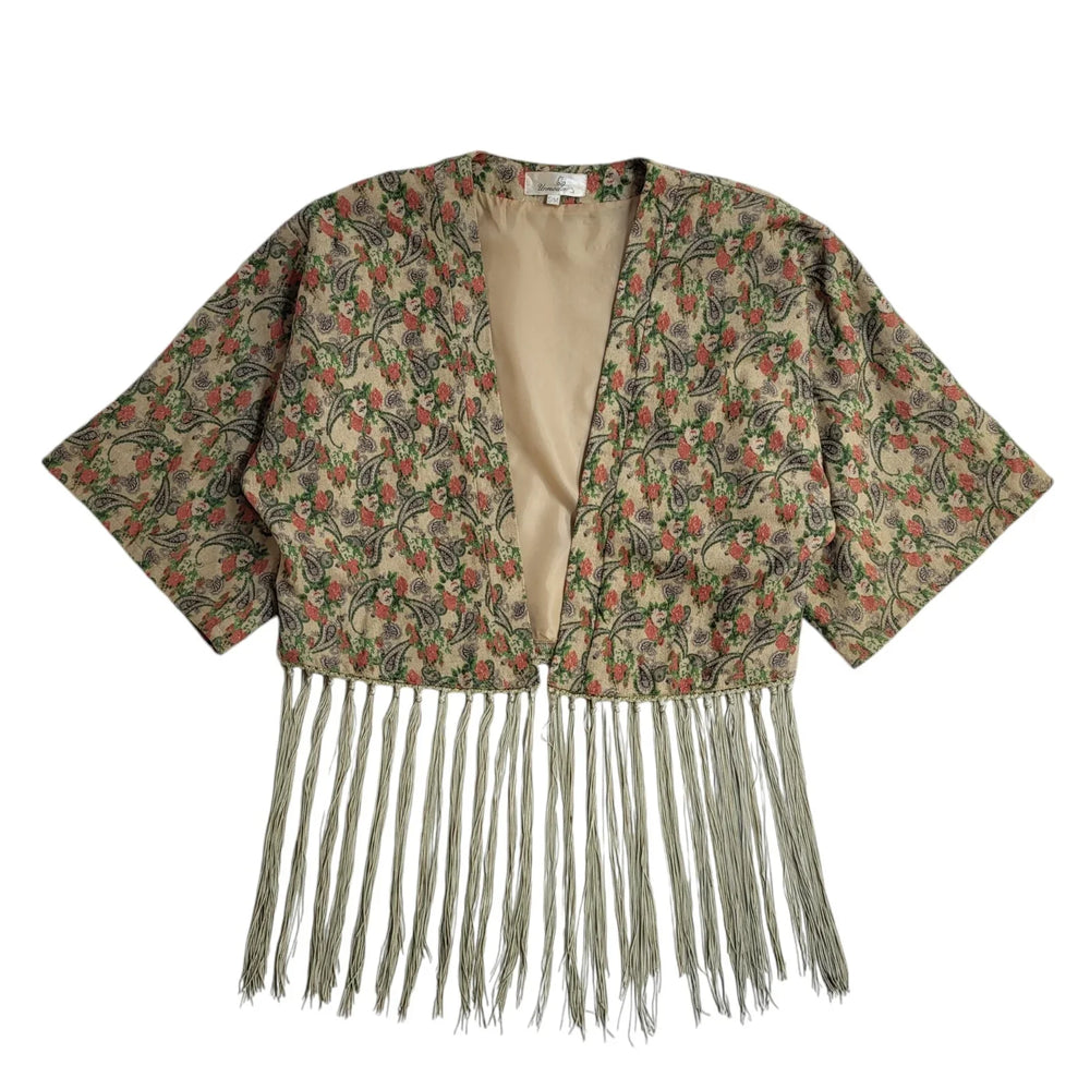 Urmoda 80s Floral Open Front Beige Short Sleeve Jacket Uk Women's Size Small