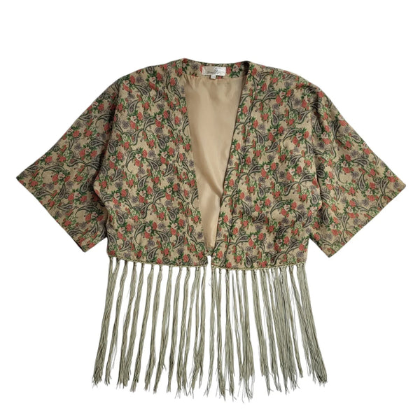Urmoda 80s Floral Open Front Beige Short Sleeve Jacket Uk Women's Size Small
