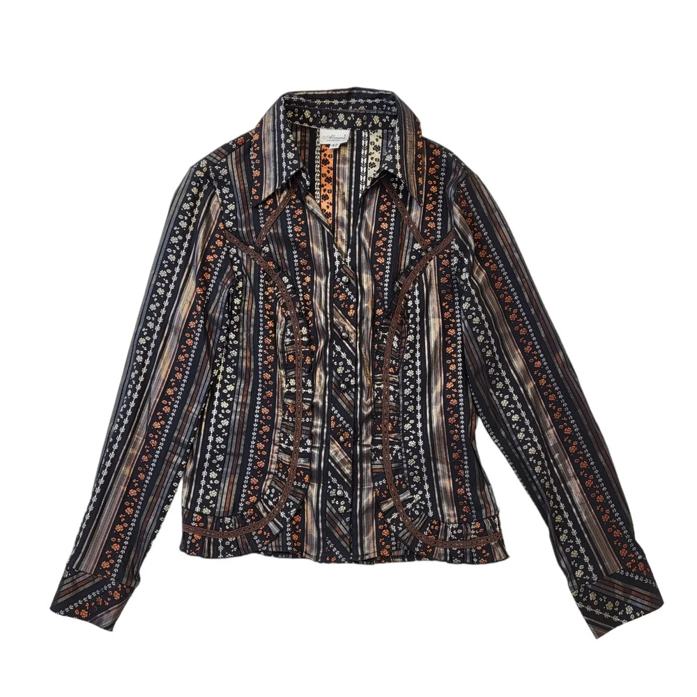 Almax Y2K Vintage Black & Brown Retro Floral Button Up Blouse Women's 14
