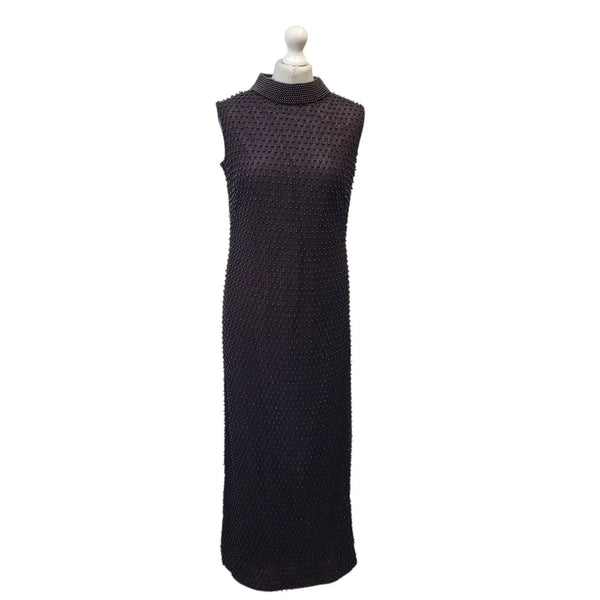Ellis  Vintage 70's Black Burgundy Beaded Heavy Lace Long Dress Womens UK L 12