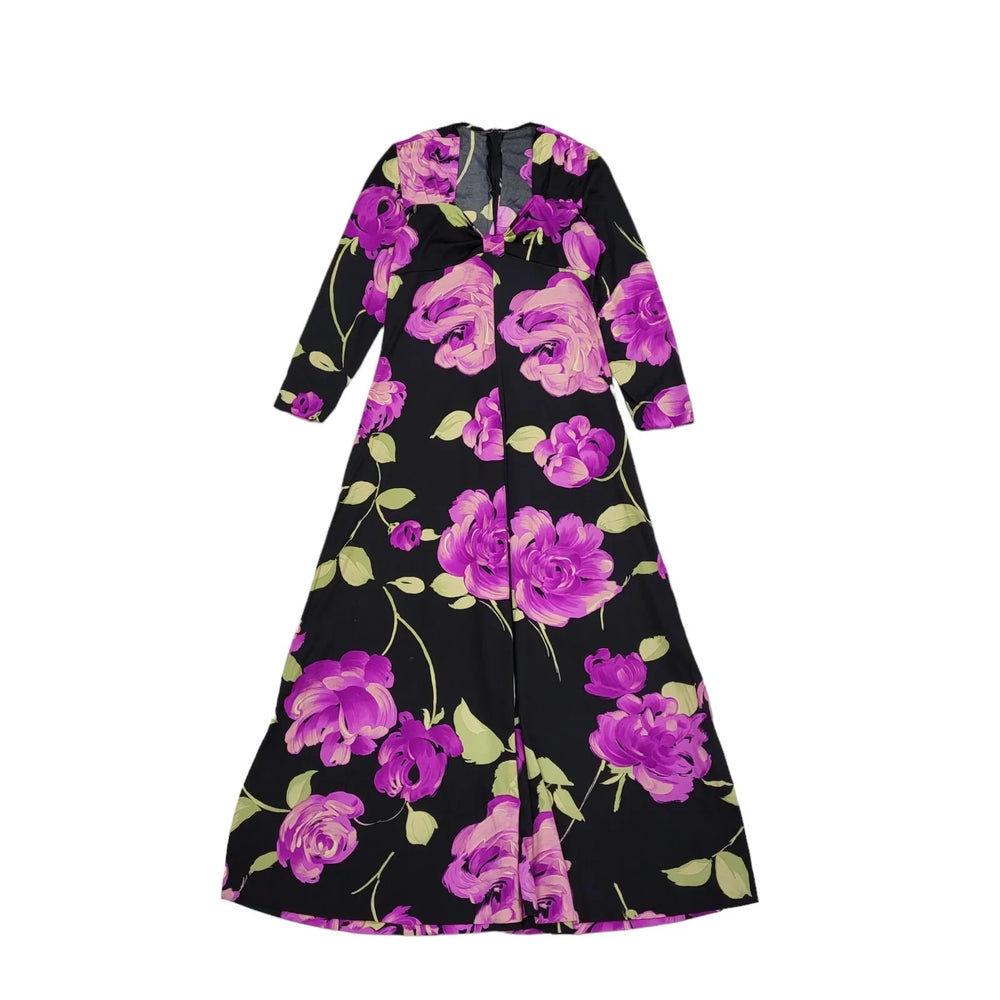 70s Vintage Purple Floral V-Neck Long Sleeved Maxi Dress Women's 10