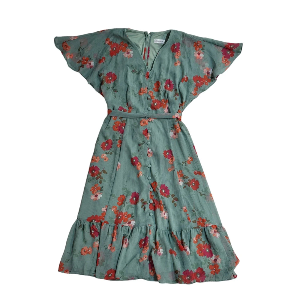 Calvin Klein Green & Pink Floral V-Neck Short Sleeve Dress Women's UK Size 12