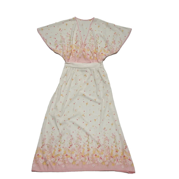 Vintage White Pink Floral Short Sleeve Evening Dress Uk Women's Size 12 CC835
