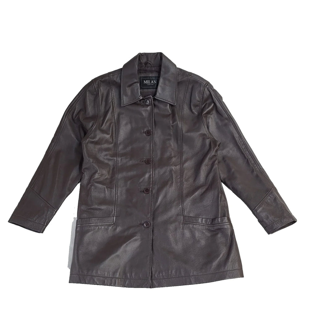 Milan Leather Brown Button Y2k Leather Coat UK Women's Size XL