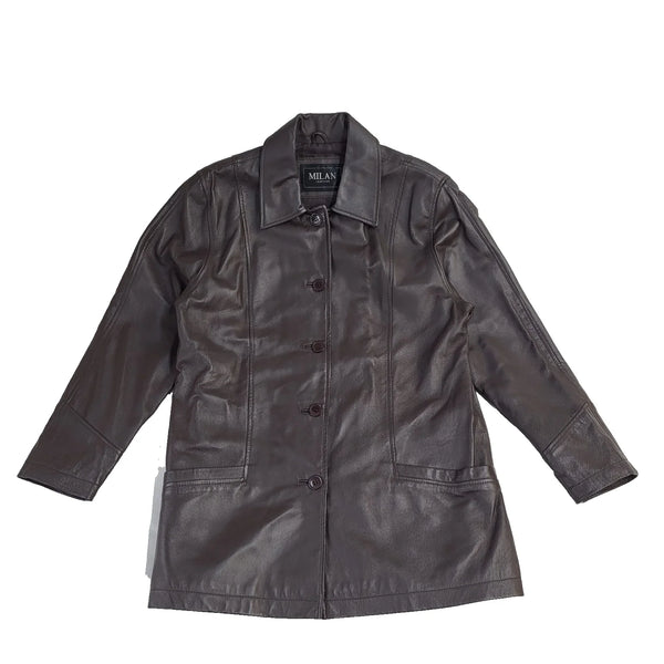 Milan Leather Brown Button Y2k Leather Coat UK Women's Size XL