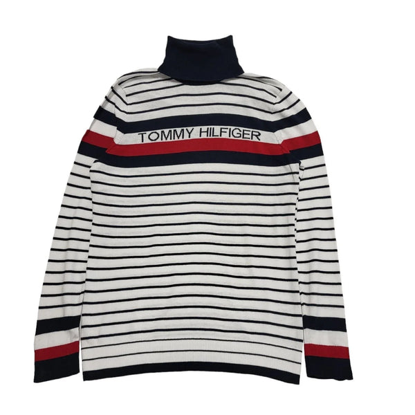 Tommy Hilfiger White Red Blue Striped High Neck Jumper Women's Uk M 10 G798