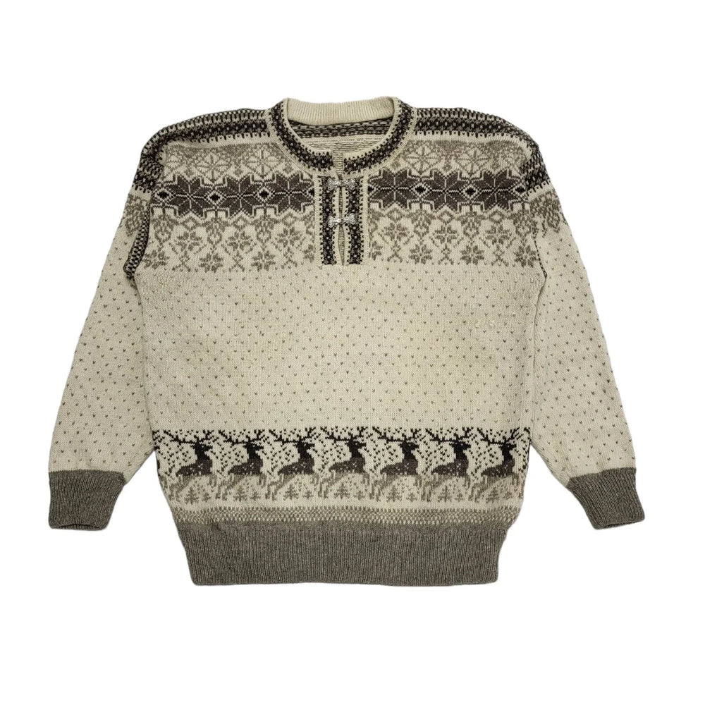Vintage 80's Beige 1/4 Buckle Reindeer Jumper UK Womens Size XL