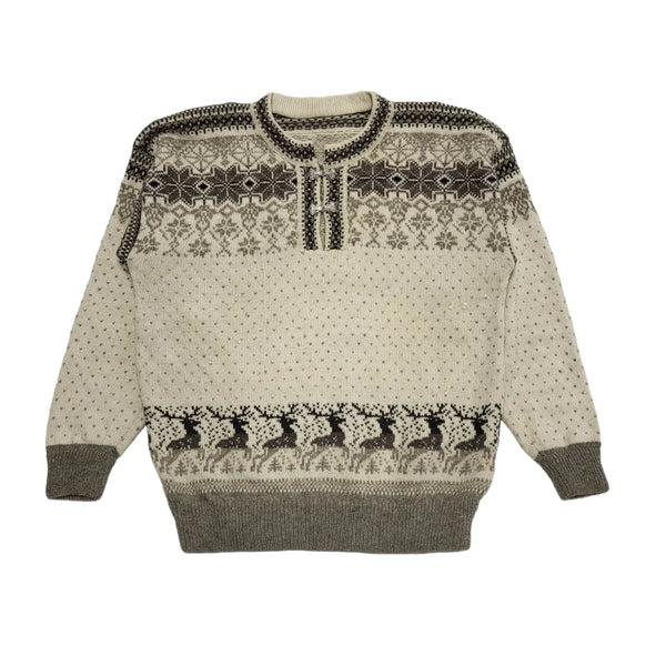 Vintage 80's Beige 1/4 Buckle Reindeer Jumper UK Womens Size XL