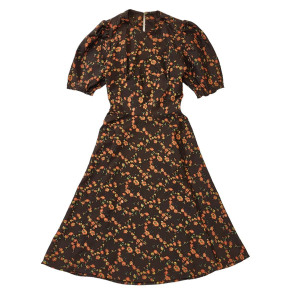 70s Vintage Brown Floral A-Line Dress Women's Size 4-6