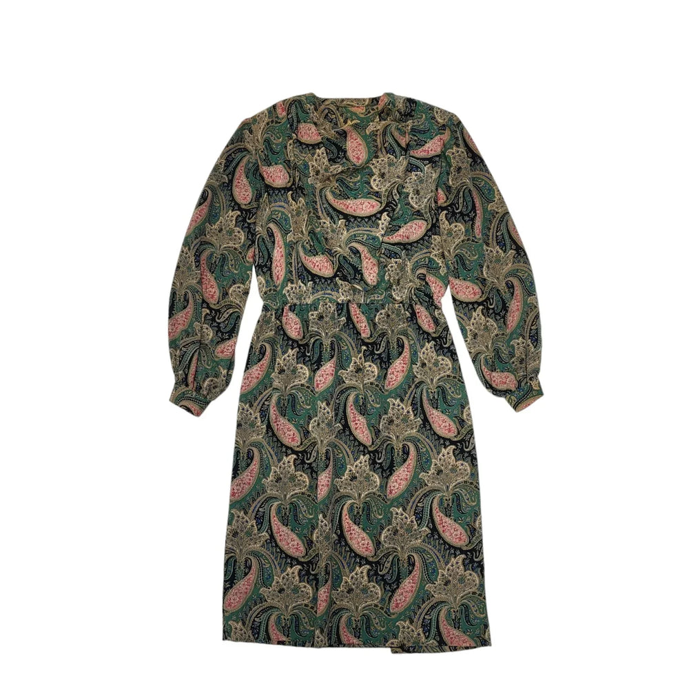 80s Vintage Green Paisley Print Long Sleeve Daywear Dress Women's 12